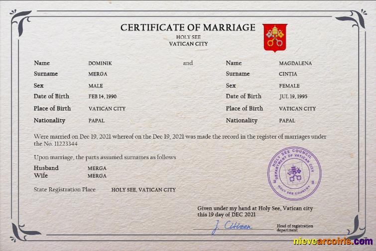 Holy See marriage certificate
